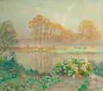 naar Emile Claus (Belgisch 1849 - 1924), Landschap met vijver en bloesems 