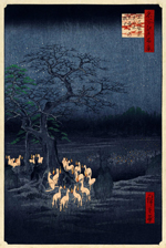 Utagawa Hiroshige - Vossevuren aan de boom der verandering op nieuwjaarsavond , Ōji (1857)