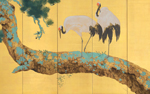 Yokoyama Taikan (1868-1958), Pine Trees and Cranes. Pair of six-panel screens. Ink, colour, gold and gold leaf on paper.