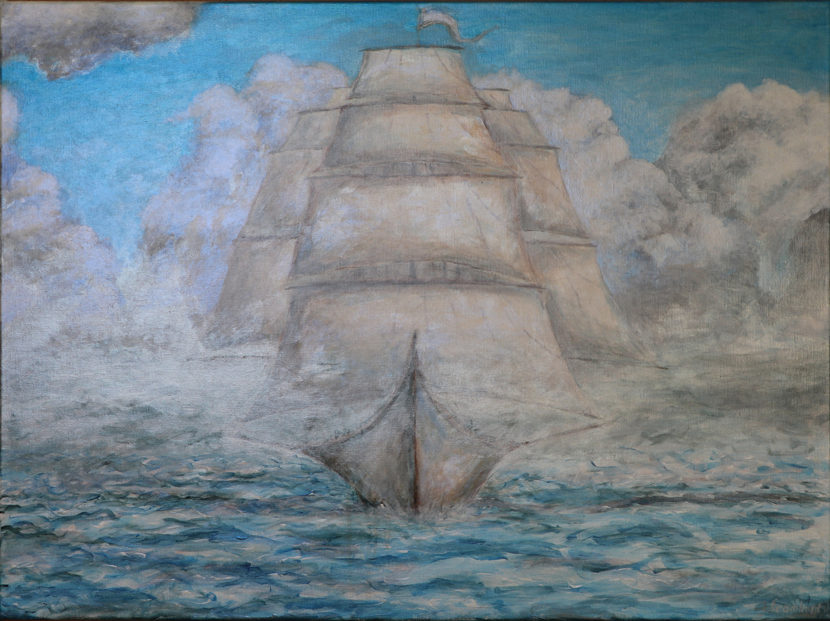 Fantasy ship, acrylic on linen, painting by Johan Framhout