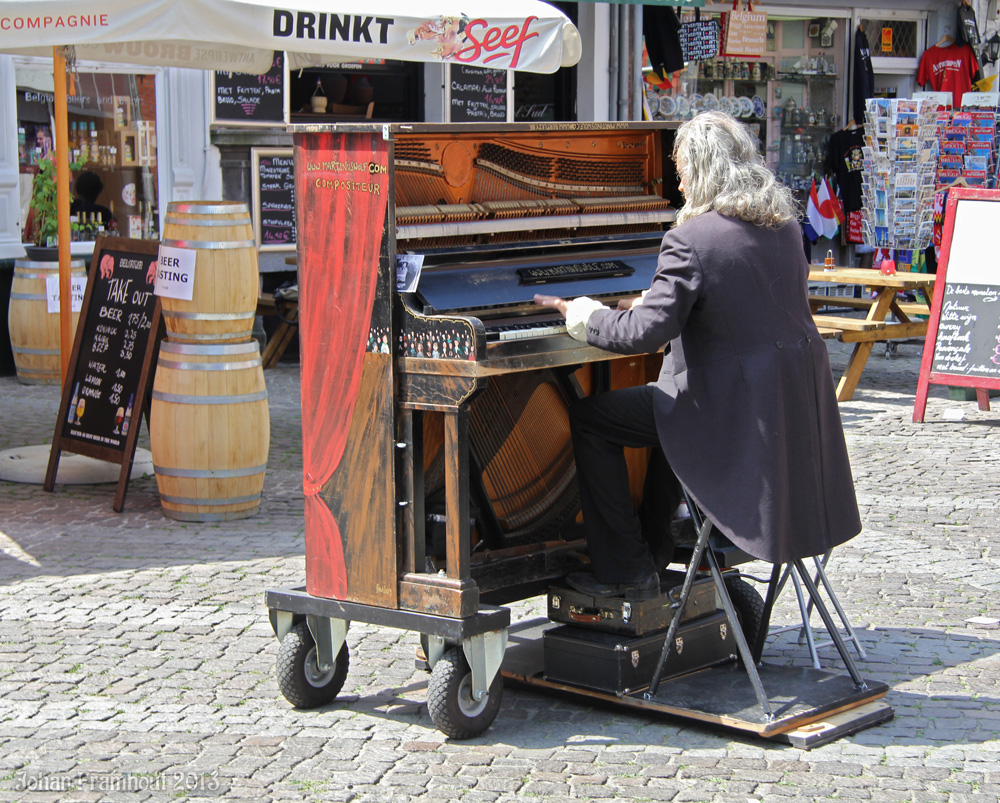Antwerpen, muzikant op het pleintje voor de kathedraal 