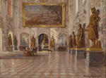 Lajos Bruck , Der große Saal in Schloss Schleißheim, mit einem der zwei Kolossalgemälde von Franz Joachim Beich, Öl auf Holz, 1910