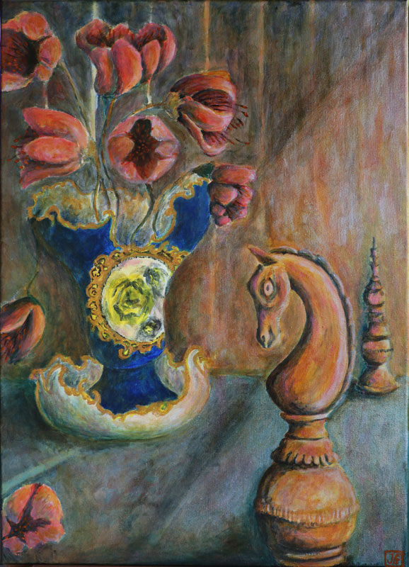 Still life with chessmen and rococo vase, acrylic on linen, by Johan Framhout 