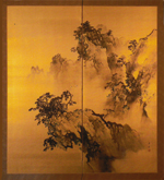 Shunsen, Japanese Screen, Craggy Landscape, Ink painting On Gold Silk